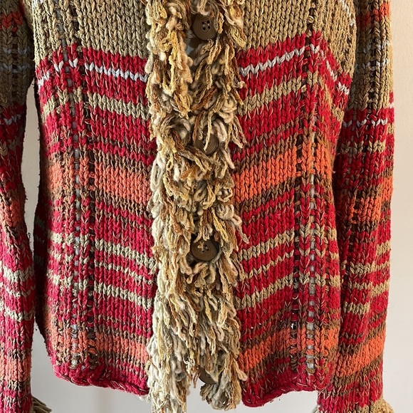 Susan Bristol vintage cable knit loop button down cardigan sweater yarn fringe M - Picture 4 of 10